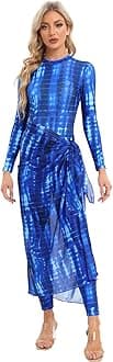 AWIBMKWomens Muslim Swimsuits Tie Dye Top Swim Pants with Long Sarong Cover up Wrap Skirt Swimwear Modest Bathing Suit 4PCS