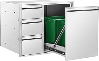 Karpevta Outdoor Kitchen Drawer Combo,BBQ Triple Drawer & Trash Drawer with 2 Trash Cans (20L) 28WX22HX19D Inch for BBQ Island,Grilling Station