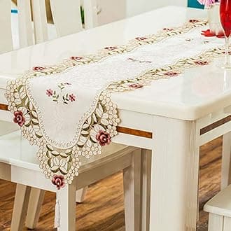 LeLehome 15" X 86" Classic Table Runner, Flowers Embroidery Lace Beige Floral Washable Dresser Scarf X'Mas Table Top Dining Table Kitchen Cafe Restaurant Home Decoration - Red Rose