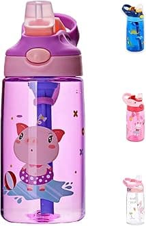 Kids Water Bottle with Straw & Handle - 16 oz BPA Free Kids Water Bottles, Spill Proof Cups for kids, Easy-Clean, Water Bottle With Straw,Kids Water Bottle For School (PURPLE PIGGY)