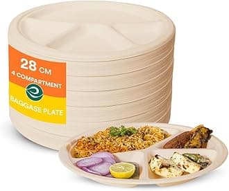 ECO SOUL | Round 4 Compartment Bagasse Plates | 11 Inch - Pack of 50 | Beige | Eco-Friendly Compostable Plates | Strong, Microwave-Safe Sugarcane Plate for Parties, Events & Catering