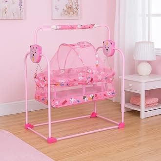 FLIPZON Premium New Born Baby Cradle with Swing & Mosquito Net | 0-13 Months | Wheels | Safety Belt with Lock | Sturdy & Safe | Polypropylene/Mild Steel | J1-Blush Pink