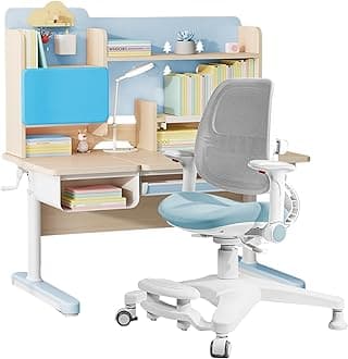 FCD Kids Desk and Chair Wood Adjustable Height Ergonomic Reading Study Table with Tiltable Desktop, Pull-Out Drawer, Bookshelf Hutch, Tablet Holder and Storage Drawer (Desk with Chair, Blue)