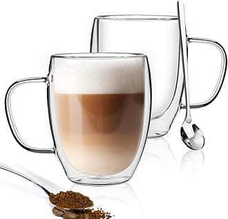 Double Walled Glass Coffee Mugs, 18oz Glass Coffee Cup Set of 2, Double Insulated Coffee Mugs for Espresso, Cappuccino, Latte, Tea Bag, Hot Beverages