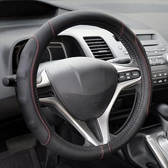 Motor Trend GripDrive Faux Black Leather Steering Wheel Cover for Car Truck Van SUV, Small 14 inch Size, Red Accent Stitched Car Steering Wheel Cover Vehicle & Auto Accessories