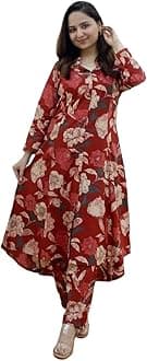GRECIILOOKS Co ord set for women stylish | Anarkali Kurta-Set – Viscose Rayon Printed Kurta & Straight Pant | kurtis| Festive Indian Traditional Outfit Dress for Functions & Puja | Trendy Travel & Streetwear Look for Women | 3/4 Half Sleeve