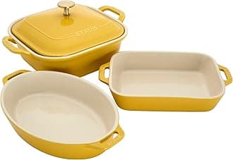 Ceramic 4-pc Baking Pans Set, Casserole Dish with Lid, Brownie Pan, Citron