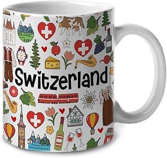 Switzerland Symbols Colorful Coffee Mug, Switzerland Ceramic Mug 11 oz Coffee Mug, Switzerland Souvenir and Gifts, Gift Idea for Swiss Men and Women