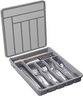 Lifewit Silverware Organizer with Lid, Covered Utensil Tray for Kitchen Drawer and Countertop, Plastic Cutlery and Flatware Storage Box for Spoons Forks Knives Holder Case, 7 Compartments, Gray