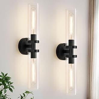 Wall Sconces Set of Two, Hardwired Matte Black Bathroom Sconces Wall Lighting with Clear Glass, Modern Sconces Wall Decor Set of 2 Wall Light fixtures for Bathroom Mirror Hallway (Bulbs Not Included)