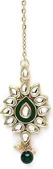 Karatcart Traditional Gold Plated Green Beads Kundan Maang-Tikka for Women