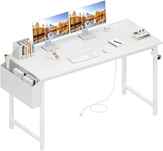 Lufeiya White Computer Desk with Power Outlet, 47 inch Teen Study Table Home Office Work Writing Gaming Desks with Charging Station Outlets Built in, WhiteThe Forest Stewardship Council