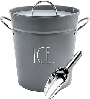 Rae DunnIce Bucket with Scoop - Stainless Steel Bucket with Handle, Lid and Ice Scooper - 4 Qt. Storage Bin for Ice Cubes for Bars, Parties, Backyard Barbeques, Picnics, and Camping (Grey)