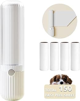 Sgdazo Compact Lint Roller with 150 Sheets - Portable Pet Hair Remover for Clothes, Furniture, and Travel Essentials Household Use, 1 Handle+5 Roller Refills (White)