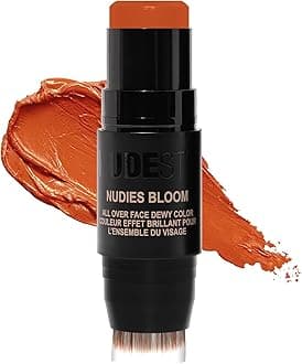 NudeStix Nudies Bloom Blush Stick w/Blending Brush, 3-in-1 Dewy Color for Cheeks, Eyes, Lips, Brightening Balm Makeup for Natural Healthy Glow, Glossy Finish, 0.25 oz (7g) (Rusty Rouge)