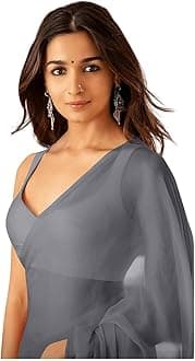 Women's Plain Pure Georgette Saree With Unstitched Blouse Piece (Rocky Aur Rani Ki Prem Kahani Alia Bhatt Saree)