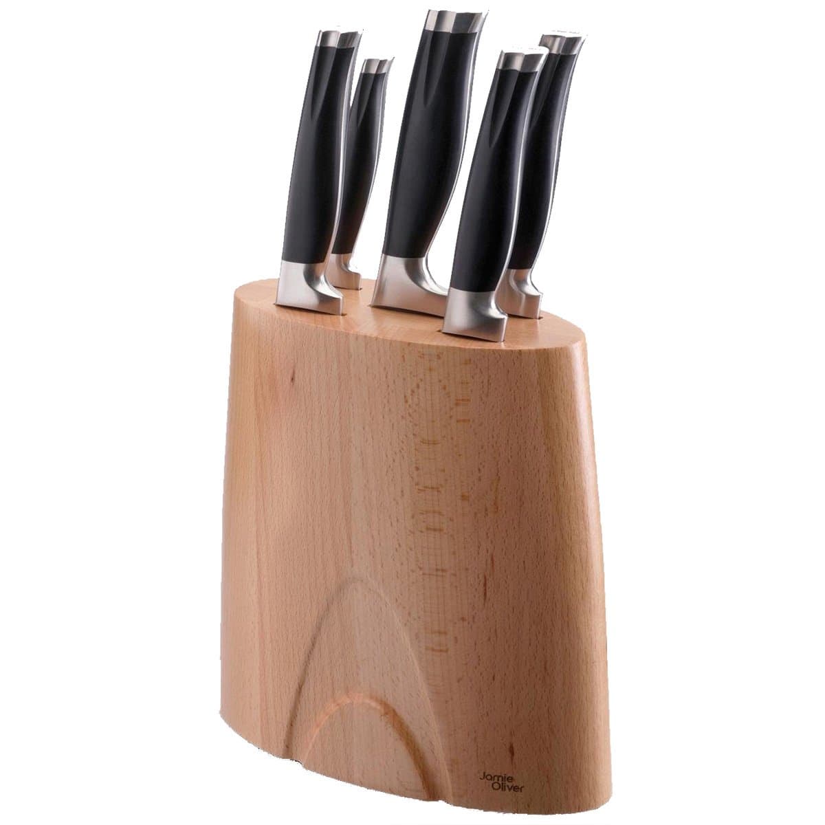 5 Piece Professional Beech Knife Block Set - Includes paring, utility, chef's, carving and bread knives with black handles, in a wooden block