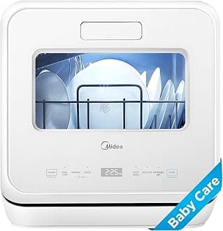 Midea MDC17P4CWW Portable Countertop Mini 1.32Gal Built-in Water Tank, Baby Care, No Hookup Needed, 360° Dual Spray,High-Temp wash, Dishwasher for Apartments& RVs, White, Whole