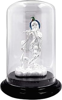 SILVERSPOT 999 Pure Silver Beautiful Standing Krishna/Kanha with Peacock Acrylic Base Idol/Statue/Murti for Pooja/Gift Item for Auspicious Occasion/Car Dashboard