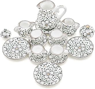 Odoria 1:12 Miniature 15PCS Porcelain Tea Cup Set Plum Blossom Dollhouse Kitchen Accessories