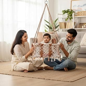 Baby Swing for Kids | Non-Toxic Material | Indoor & Outdoor Use | Adjustable Design | Safely Made with Strong Wooden Frame | Age 6 Months to 2 Years | Rectangle Shape - White-Brown