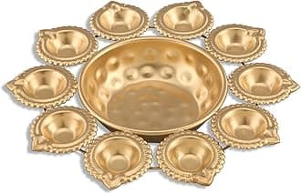 R Ayurveda Copper Diya Shape Iron Flower Decorative Urli for Home | Handcrafted | Golden | Decorative Metal Traditional Golden Bowl Table Decor Gift 10 Diya 10 inches