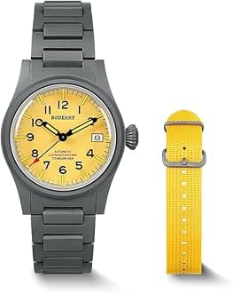BODERRY Men's Watch Titanium Automatic Field Watch 38mm Military Watch Day Date Function 100M Waterproof with Nylon Strap Japanese NH35 Mechanical Movement & Screw Down Crown—LANDMASTER