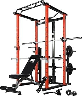 RitFit Squat Rack Power Cage Home Gym Package, Includes 1000LBS Power Rack with LAT Pull Down, Weight Bench, Rubber/Bumper Plates Set with Olympic Barbell (Package 1.2K (Rubber Plate 140LBS))-Orange