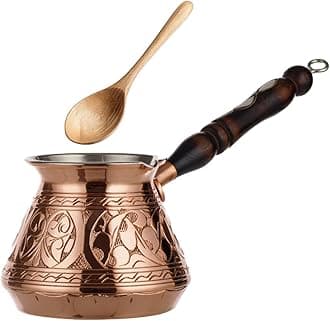DEMMEX 15 Oz Thickest Copper Turkish Greek Arabic Coffee Pot, Stovetop Coffee Maker, Cezve Ibrik Briki with Wooden Handle & Spoon, Hand Engraved (Copper, 6 Servings)