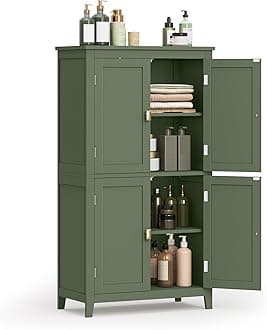 Floor Storage Cabinet, Freestanding Storage Unit with 4 Doors, Adjustable Shelves, 11.8 x 23.6 x 43.3 Inches, for Entryway, Bathroom, Forest Green UBBC552C01