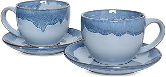 Ceramic Cappuccino Cup and Saucer Set of 2, 10 Oz, Coffee Cups for Latte, Espresso, Tea, Dishwasher and Microwave Safe, Reavtive Glaze (Blue)