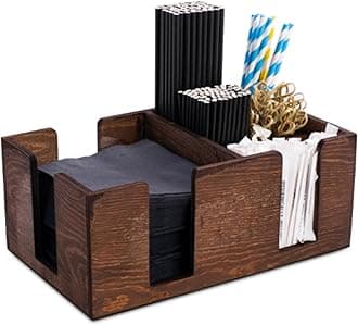 Drinkstuff Wooden Bar Caddy Napkin Holder – Premium Home Bar & Coffee Station Organizer, Cocktail Straw Holder & Condiment Caddy, Stylish Bar Accessories for Bars & Entertaining