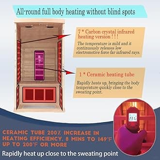 KUNSANA Ceramic Infrared Sauna 1 Person Infrared Sauna Hemlock Far Infrared Saunas for Home 2 in 1 Indoor Sauna Room with Low EMF Heaters + Ceramic Heating Cube-Chromotherapy-Bluetooth Speaker