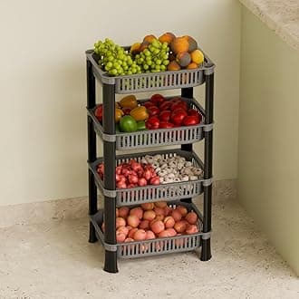 4-Layer Multipurpose Plastic Kitchen Storage Rack | Vegetable Basket Organizer | Stackable Storage Stand for Home, Pantry, Bathroom, Office – Durable Space-Saving Shelf (Silver)