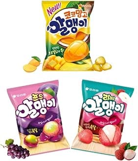 Korean Fruit Jelly Candy – Assorted Chewy Gummy Snacks –3 Fruity Flavors (Grape, Lychee, Mango) – Individually Wrapped – Perfect for Kids & Adults – 알맹이젤리 (3 Flavor Mix–2.9oz(81g) × 3pack)