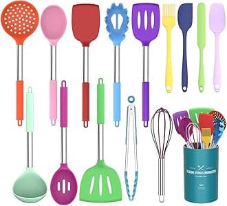 Umite Chef Kitchen Utensils Set, 15 pcs Silicone Cooking Kitchen Utensils Set, Non-stick Silicone Stainless Steel Handle Turner Spatula Spoon Tongs Whisk Cookware - Colorful
