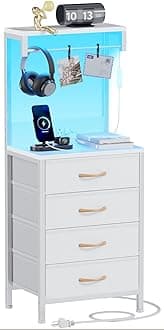 Furnulem Tall Bedside Table with Charging Station and Storage Shelves, 4 Fabric Storage Drawers PU Finish, Bedside Table with LED Lights, Side Table for