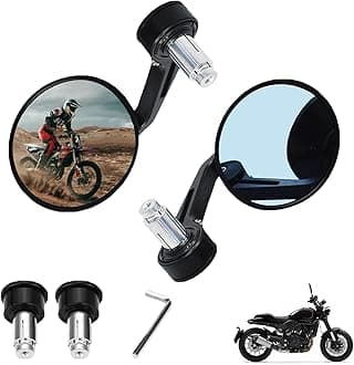 Motorcycle Mirrors Handlebar Mirror - 22MM 7/8" Universal CNC Aluminum Round Cafe Racer Retro Black Motorcycle Bar End Mirrors with Anti-Glare Blue Lens - Compatible with Minimoto Scooter