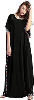 Floerns Women's Pom Pom Trim O Neck Casual Loose Maxi Kaftan Dress