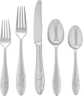 Silverware Set For 12, Butterfly Meadow 65-Piece Flatware Set, Service For 12, 18/10 Stainless Steel, Dishwasher Safe, Butterfly and Flower Motif, Includes Serving Utensils (Silver, 65 Piece)