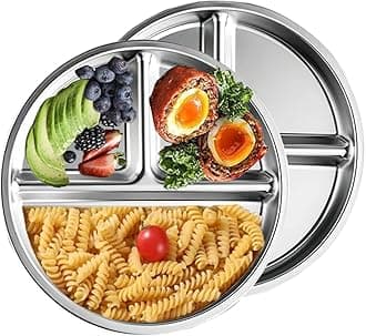 Lchkrep Stainless Steel Plates 2 Packs, 9" Portion Control Platter Divided Plates Suitable for Bariatric Weight Loss, Adults,Dinner Shool Lunch Dishes Picky Eaters Campers picinc, Food Tray