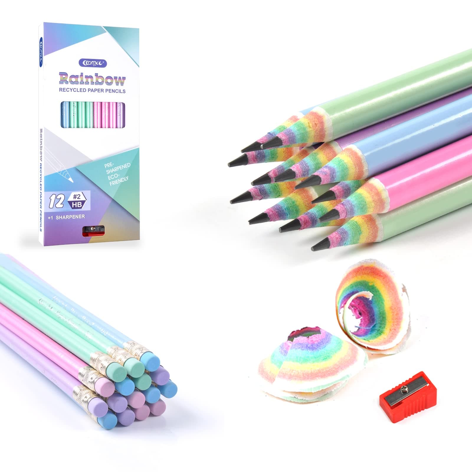 Pre-Sharpened Pencils #2 Cute Number 2 Pencils with Erasers for Kids Eco Rainbow Paper Pencil for School, Writing, 12 Count