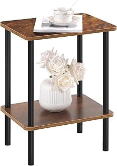 2 Tier End Table, Small Side Table with Solid Wood Legs, Boho Bedside Table with Storage Shelf, Nightstand for Small Spaces, Bedroom, Living Room, Entryway, Farmhouse, Easy Assembly, Brown