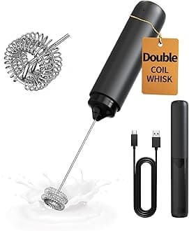 Rechargeable Milk Frother Hanheld, Dual Coil Whisk Head Electric Coffee Frother, Portable Hand Frother Wand Drink Mixer for Matcha Lattes Cappuccino, Kitchen Gifts, Black