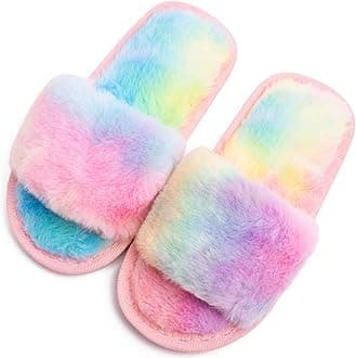 techcity Boys Girls Fuzzy House Slippers Cute Comfy Faux Fur Slip On Fluffy Plush Open Toe Home Slides for Kids Indoor Outdoor Warm Shoes