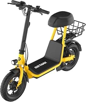 Gotrax A5 Electric Scooter w/Seat for 13+, 12" Pneumatic Tire, Max 15.5 Miles &15.5 Mph Power by 400W Motor, Dual Rear Shock Absorber &Dual Brake, Comfortable Wider Seat & Carry Basket & Hook,Yellow