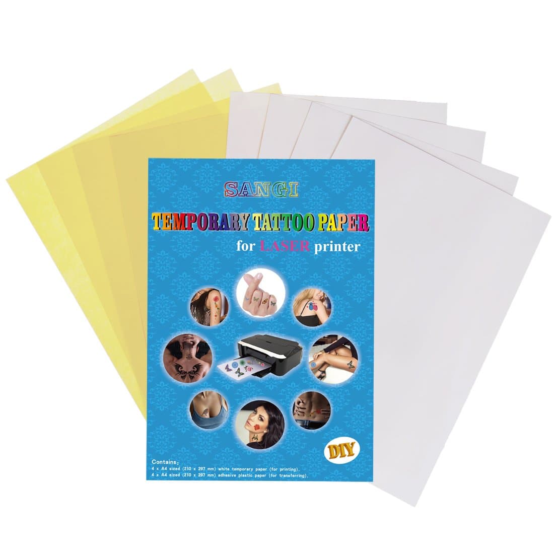 SANGI Temporary Tattoo Transfer Paper For Laser Printer Printable Custimized Water Slide Decal For Women Men Girls Kids DIY - 4 Sets Pack - A4 Size 11.7 x 8.3 Inches