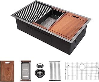 Sarlai 33 Kitchen Sink Undermount Gunmetal Black - 33x19 inch Kitchen Sink Ledge Workstation Gunmetal Black 16 Gauge Stainless Steel Under Counter Single Bowl