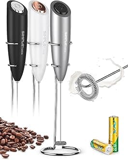SIMPLETASTE Milk Frother Handheld Electric Foam Maker, Drink Mixer with Stainless Steel Whisk for Cappuccino, Bulletproof Coffee, Latte, with Stand, Gray, Battery Operated