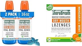 TheraBreath Mouthwash & Lozenges Bundle, Fresh Breath Alcohol-Free Mint Mouthwash 16 Fl Oz (Pack of 2) & Sugar-Free Mandarin Mint Lozenges for Dry Mouth 24 Count